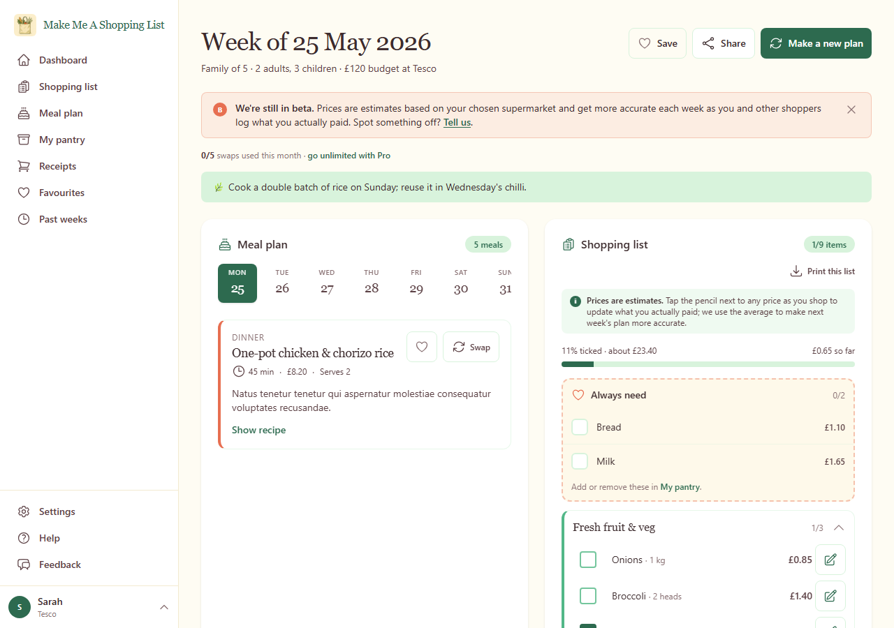 A weekly meal plan on a desktop browser, with day-by-day dinners, prep times, costs and recipe buttons