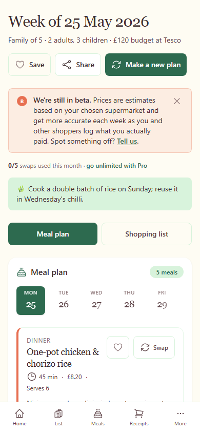 The same meal plan on a phone, with the day picker at the top