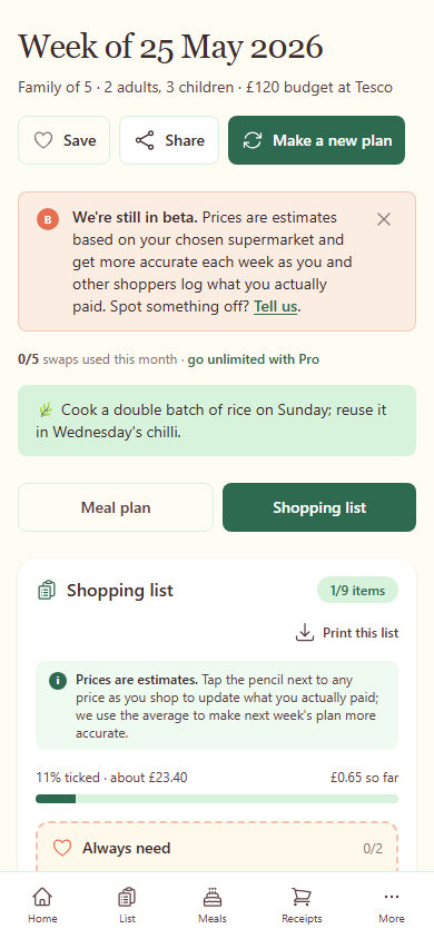 The same shopping list on a phone